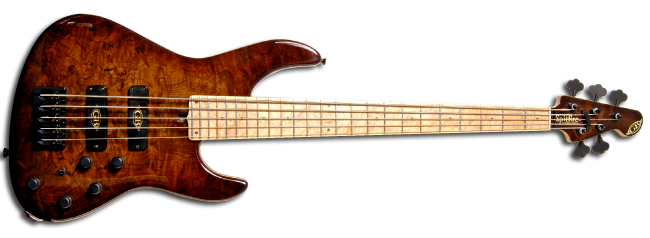 GB Spitfire  5 in Black American Burr Walnut with with blistered Maple neck.